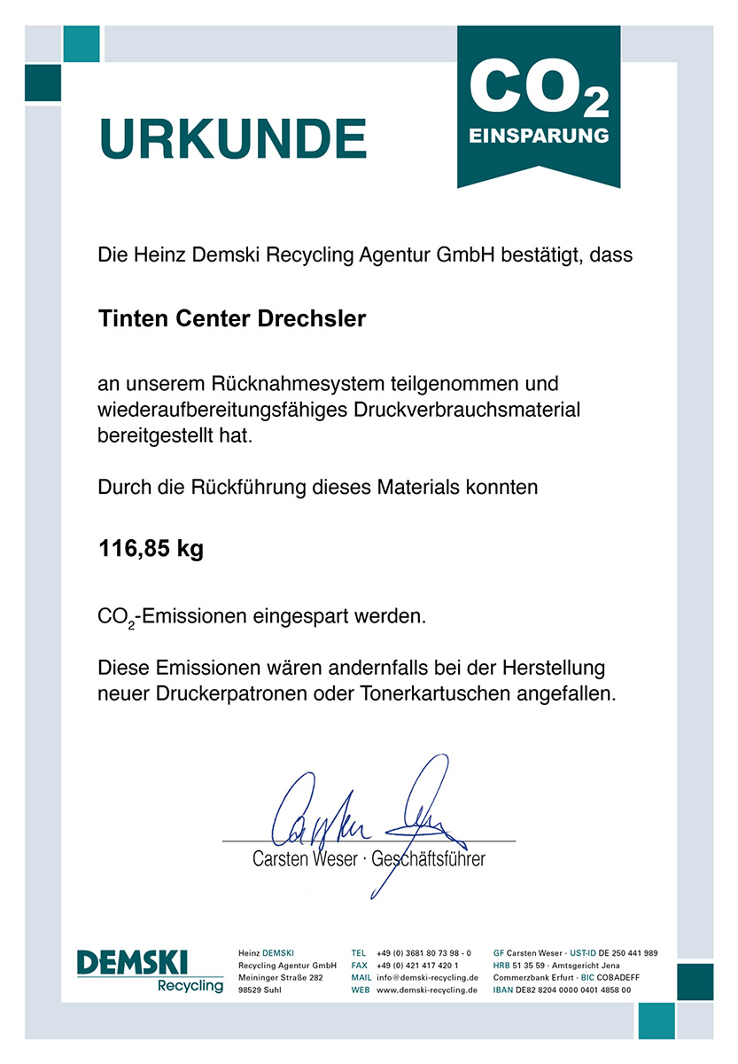 Urkunde Co2-Einsparung